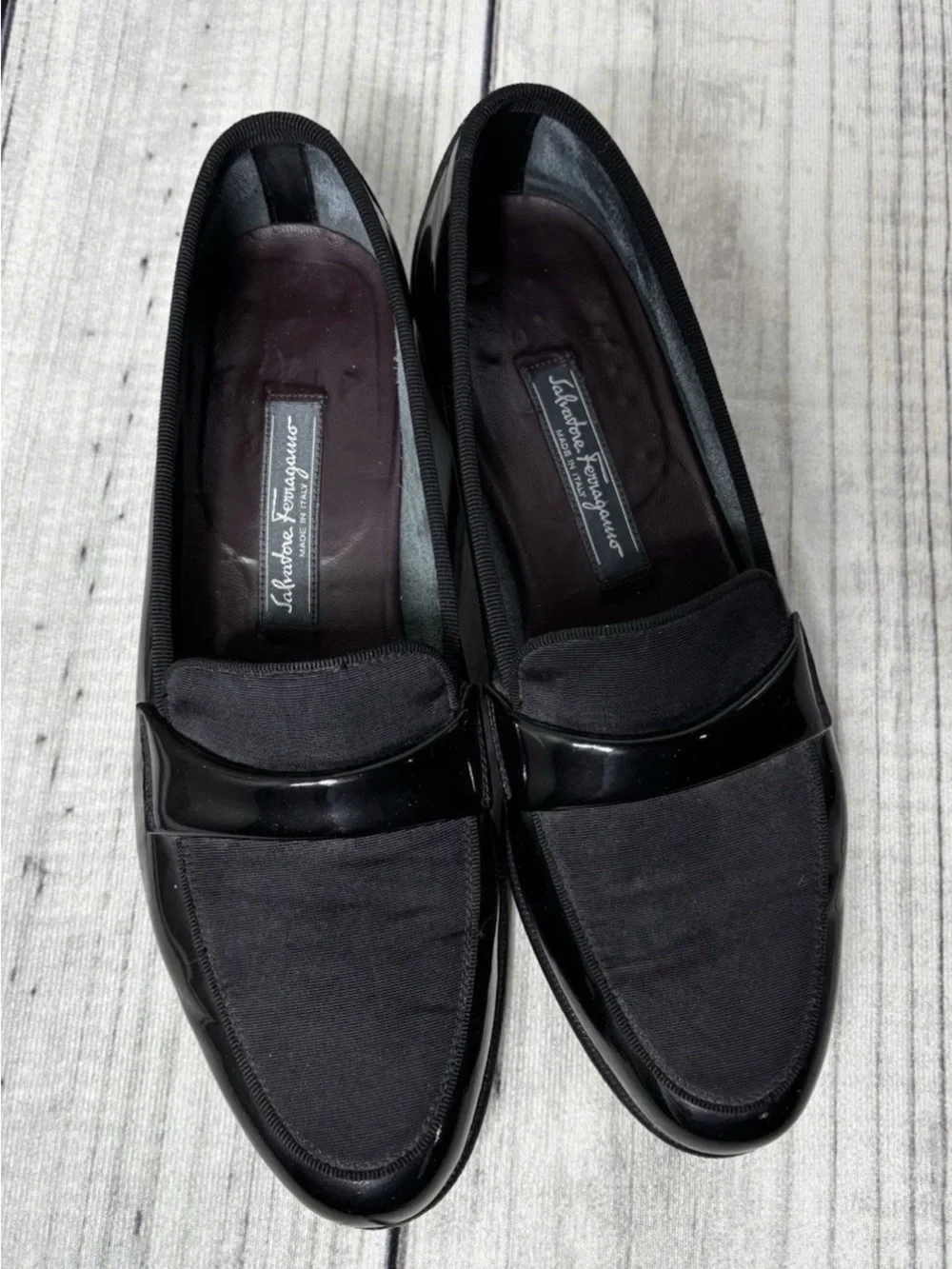 Salvatore Ferragamo Black Men's Slip-On Loafers with Patent Band